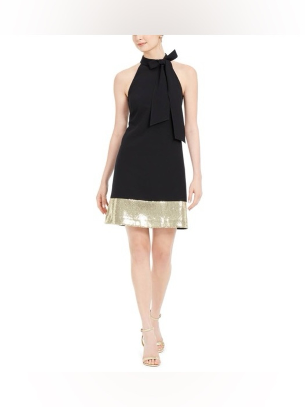 NWT Vince Camuto Black Halter Bow Neck Sequin Hem Mini Dress Size 10